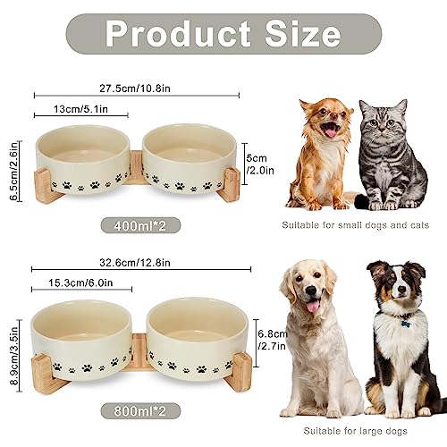  Ptlom Ceramic Pet Bowl For Dogs And Cats, Raised Dog Food And Water Bowl Set With Anti-Slip Wooden Stand, Weighted Pets Dish Feeding Bowls Suitable For Small, Medium, And Large Cat Dog, Beige, 28 Oz