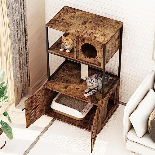  Cat Litter Box Enclosure With Shelves And Door, Hidden Cat Washroom Cabinet Furniture With Scratching Posts,Platform,Elevated Cat Feeding Bowl,All-in-One Wood Pet Crate Indoor Cat House Fumiture,Brown