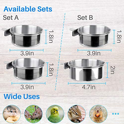  Kalevel 2 Sizes Bird Feeding Dish Cups Stainless Steel Parrot Food Bowls Water Feeder With Clamp Holder For Caged Animals (B Set)