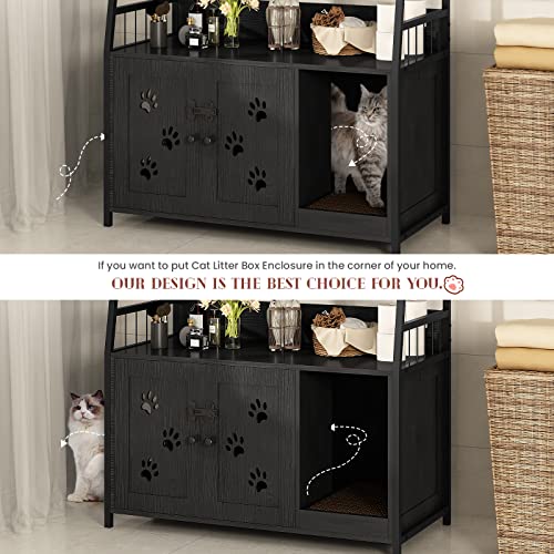  Recaceik Large Cat Litter Box Enclosure With Shelf Storage, Hidden Cat Washroom Furniture, Wooden Cat House With Scratch Pad, Sturdy Indoor Cat Cabinet With 2 Doors, Black