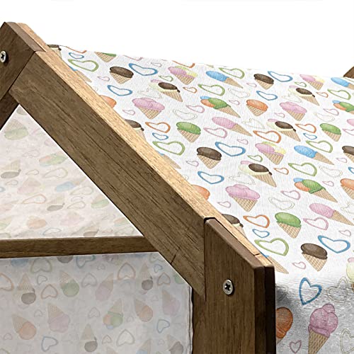  Lunarable Ice Cream Wooden Pet House, Refreshing Summer Food With 3 Different Scoops And Colorful Hearts, Outdoor & Indoor Portable Dog Kennel With Pillow And Cover, Large, Multicolor