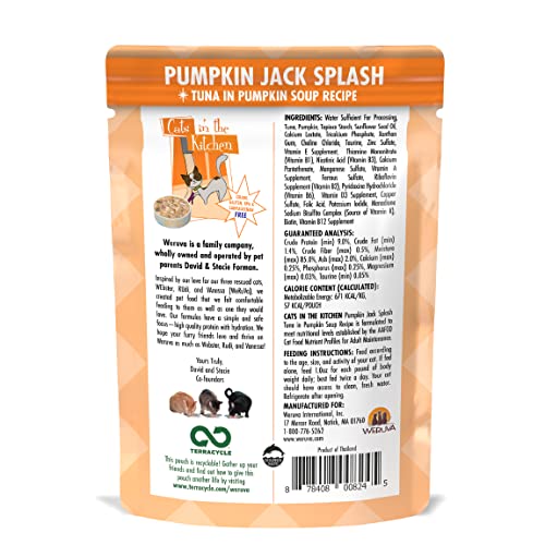  Weruva Cats In The Kitchen, Pumpkin Jack Splash With Tuna In Pumpkin Soup Cat Food, 3oz Pouch (Pack Of 12), Orange