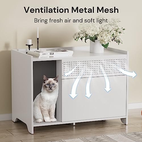  SunsGrove Cat Litter Box Enclose, Hidden Litter Boxes For Indoor Cats, Kitten Litter Furniture With Flip-Down Opening, Wooden Cat Box, Fits Most Litter Box, Multi-Functional Cabinet, White