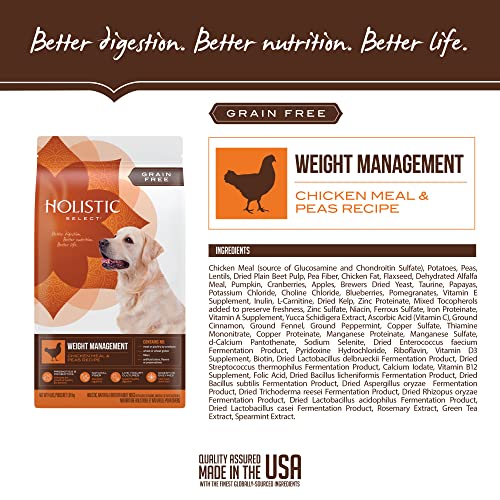  Holistic Select Natural Grain Free Dry Dog Food, Weight Management Chicken Meal & Peas Recipe, 24-Pound Bag