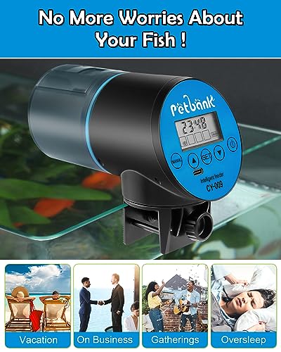  Petbank Automatic Fish Feeder - Rechargeable Timer Fish Feeder With USB Charger Cable, Fish Food Dispenser For Aquarium Or Fish Tank (CY-009 Blue)