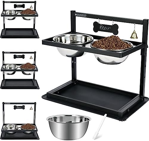  SHAINFUN Elevated Dog Bowls For Large Sized Dog,Raised Dog Bowl Stand Adjusable Height With Two 1.7L Stainless Steel Dog Food Bowls And Spill Proof Mat, Dog Bowls For Large And Medium Dogs.