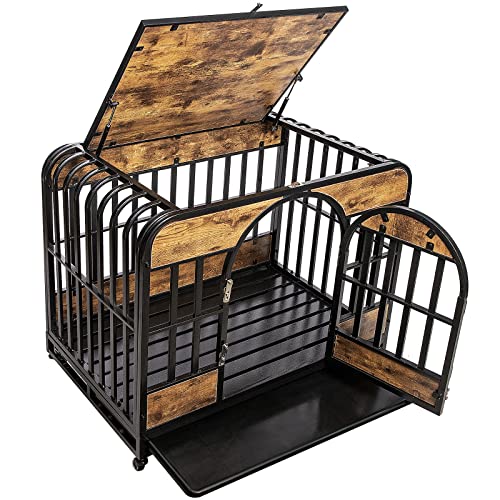  46 Inch Heavy Duty Dog Crate Furniture, Dog Crates For Large Dogs With Lockable Wheels, Metal Cage, Wood Kennel Crate Dog Playpen With Removable Tray