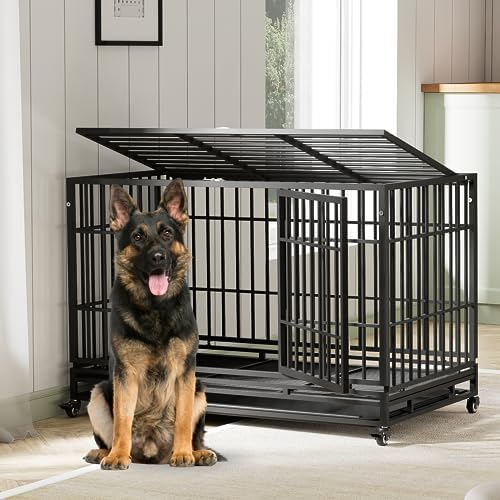  Tuanlove 48" Dog Crate Heavy Duty Indestructible Dog Crate, High Anxiety Dog Crate With Lockable Wheels Double Doors & Locks Design, Removable Tray Design, Upgraded (Silver)