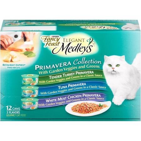  Fancy Feast Elegant Medleys Primavera Collection Cat Food Variety Pack 12-3 Oz. Cans [Contains: 4 Each: Tender Turkey Primavera, Tuna Primavera, And White Meat Chicken Primavera]