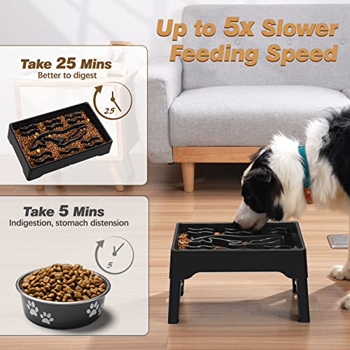  Tivray Elevated Slow Feeder Dog Bowls For Large Dogs, 2.2L Large Capacity Raised Slow Feeder Dog Bowls With 4 Adjustable Heights, Non-Slip Dog Food Bowl Stand Slow Eating Bowl Prevents Choking, Black
