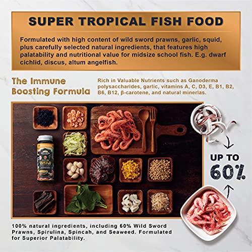  Ultra Fresh Tropical Fish Food, Wild Sword Prawn, Natural Color Enhancement, Slow Sinking Pellet For Discus, Angelfish, Medium Sized Cichlids And Fish, Tropical Excellent Bits 4.6 Oz