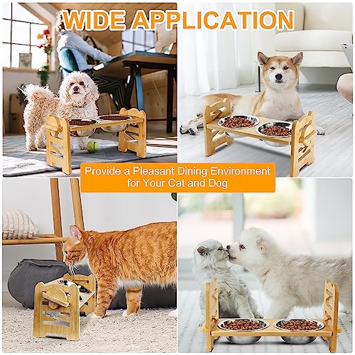  2 Pack Elevated Dog Cat Bowls, 6 Adjustable Heights Raised Dog Bowl For Small Dogs And Cats, 15° Tilted Bamboo Stand Pet Feeder, Dog Food Feeding Dishes Water Bowl With 2 Stainless Steel Bowls