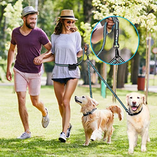  PHILORN Hands-Free Double Dog Leash 110lbs Comfortable Shock Absorbing Reflective Bungee For 2 Dogs Walking Training 66-84 Inch Adjustable No Tangle Dual Dog Leash With Pouch 2 Handles (Black)