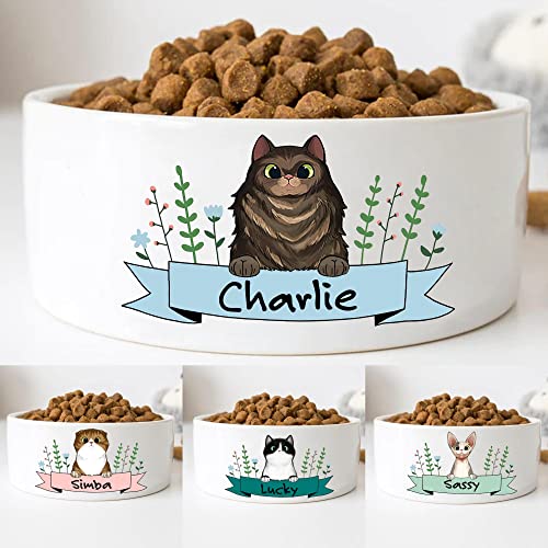 GENERIC Personalized Cat Bowls With Name & Breed Designs, Custom Cute Ceramic Kittens Bowl Icons, Customized Dish For Water, Dry Wet Food, Owner Gift, Available Small Larger Sizes, White