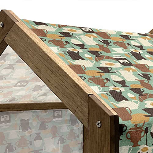  Lunarable Retro Wooden Pet House, Breakfast Pattern With Eggs Jam Coffee And Bagel Traditional New York Morning Food, Outdoor & Indoor Portable Dog Kennel With Pillow And Cover, Small, Multicolor