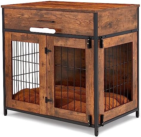  SWHSE Large Dog Crate Furniture, Heavy Duty Dog Kennel Furniture With 2-in-1 Induction Lamp And Removable Washable Pet Mat For Large And Medium Dogs Indoor(Left)