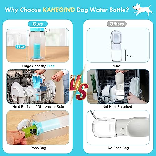  KAHEGIND 3-in-1 Portable Dog Water Bottle With Food Container,Replaceable Waste Bags Leak Proof Dog Travel Water Bottle,Carbon Filter For Drinking, Feeding, Travel, Walking And Hiking (Blue 20 Oz)