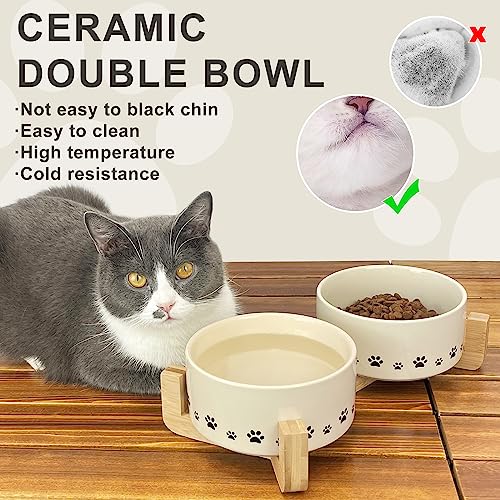  Ptlom Ceramic Pet Bowl For Dogs And Cats, Raised Dog Food And Water Bowl Set With Anti-Slip Wooden Stand, Weighted Pets Dish Feeding Bowls Suitable For Small, Medium, And Large Cat Dog, Beige, 28 Oz