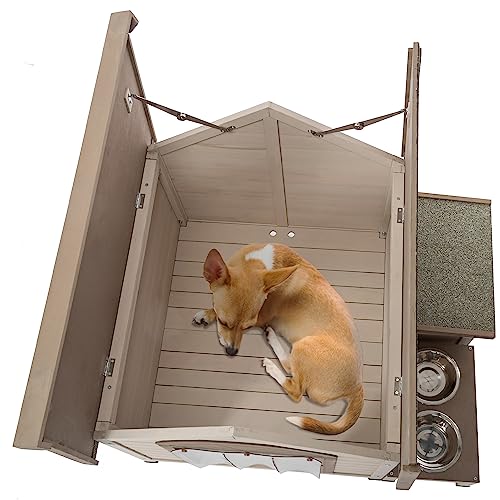 GENERIC Outdoor Fir Wood Dog House With An Open Roof Ideal For Small To Medium Dogs. With Storage Box, Elevated Feeding Station With 2 Bowls. Weatherproof Asphalt Roof And Treated Wood