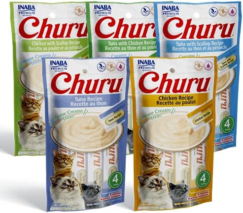  INABA Churu Cat Treats, Grain-Free, Lickable, Squeezable Creamy Purée Cat Treat/Topper With Vitamin E & Taurine, 0.5 Ounces Each Tube, 20 Tubes, Tuna & Seafood Variety Box