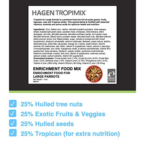  Hari Tropimix Bird Food, Hagen Large Parrot Food With Seeds, Fruit, Nuts, Vegetables, Grains, And Legumes, Enrichment Food, 4 Lb Bag