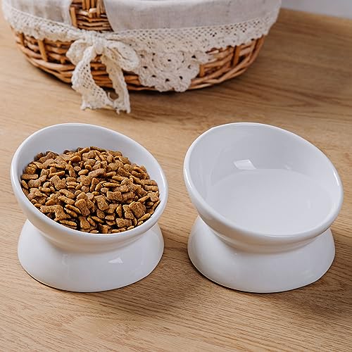  KITCHENLESTAR Cat Food Bowl 6", Elevated Tilted Cat Bowl, Raised Cat Bowls For Adult Cats Or Dogs, Ceramic Pet Food Water Dish 8 Oz, (White)