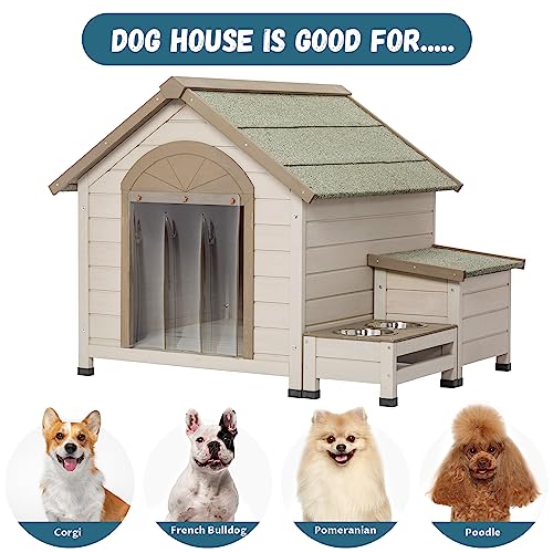  Prohon Dog Houses For Medium Dogs Outside, Weatherproof Doghouse With Storage Box, Elevated Feeding Station & 2 Bowls, Wooden Puppy Shelter