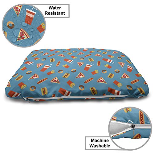  Ambesonne Food Pet Bed, Delicious Doodle Of Donuts Hot Dog Soda Cup Hamburger Fries And Pizza Slices, Chew Resistant Pad For Dogs And Cats Cushion With Removable Cover, 24" X 39", Sea Blue Multicolor