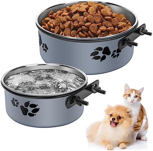  Hanging Pet Bowls,2PCS Pet Grate Bowl With Clamp Holder,Stainless Steel Dog Water Bowl Food Feeder,Removable Pet Dish Bowl For Cat,Dog Small/Medium/Large Animal (7.1"x2.8"+5.5"x2.2", Gray)