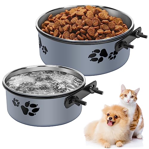  Hanging Pet Bowls,2PCS Pet Grate Bowl With Clamp Holder,Stainless Steel Dog Water Bowl Food Feeder,Removable Pet Dish Bowl For Cat,Dog Small/Medium/Large Animal (7.1"x2.8"+5.5"x2.2", Gray)