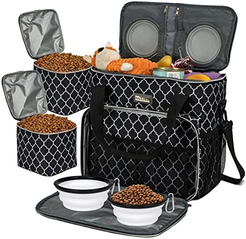  BAGLHER Dog Travel Bag, Airline Approved Pet Tote Organizer With Multi-Function Pockets,2X Food Storage Containers And 2X Collapsible Dog Bowls,Perfect Weekend Pet Travel Set For Dog, Cat Black
