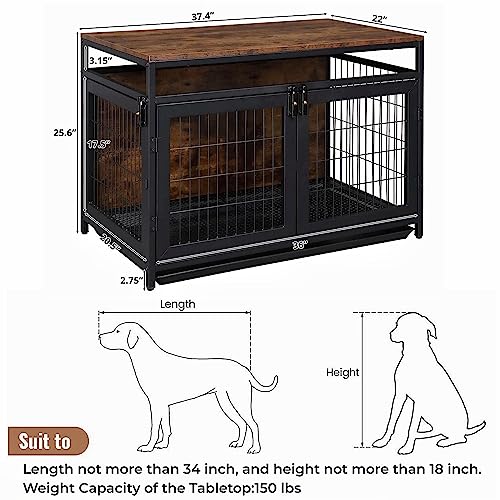  Waiirek 37.4in Heavy Duty Wooden Large Furniture Dog Crate Indoor End Side Table With 3 Doors, Decorative Furniture Stylish Dog Kennel Cage Inside 37.4" L X 22" W X 25.6" H