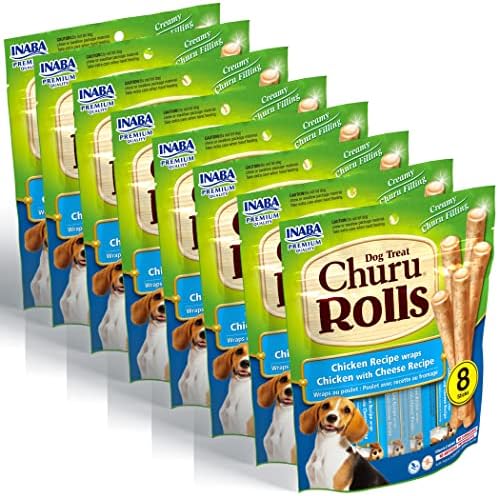  INABA Churu Rolls For Dogs, Grain-Free, Soft/Chewy Baked Chicken Wrapped Churu Filled Dog Treats, 0.42 Ounces Each Stick| 64 Stick Treats Total (8 Sticks Per Pack), Chicken With Salmon Recipe