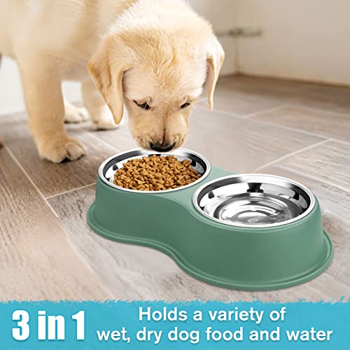  Dog Bowls Double Dog Water And Food Bowls Stainless Steel Bowls With Non-Slip Resin Station, Pet Feeder Bowls For Puppy Medium Dogs Cats (Green)