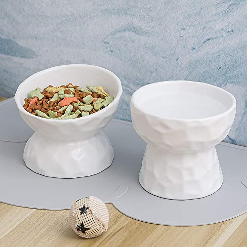  White Ceramic Cat Food And Water Bowl Set ,Cat Food Dish With Stand,Elevated Cat Bowls ,Raised Cat Food Bowls Anti Vomiting,Pet Bowl With Anti Slip Mat,Stress Free For Cats And Small Dogs