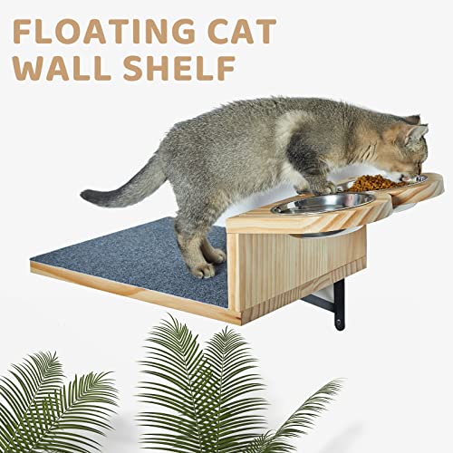  A.FATI Cat Wall Shelf, Wooden Cat Feeding Shelf With 2 Raised Bowls, 15° Tilted Feeding Position, Cat Shelves And Perches For Eating, Playing, Sleeping & Lounging