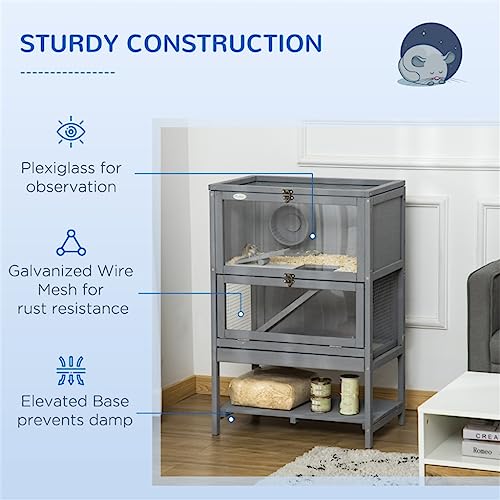  ACQUIRE Grey Wooden Hamster Cage, 2-Tier Small Animals Hutch, W/Storage Shelf, Tray, 23.5" L X 15.75" W X 35.5" H