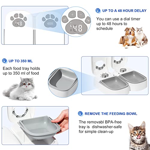  PeTnessGO Automatic 2 Meals Cat Feeder, Pet Feeder With Programmable Timer, LED Display, Power Saving Mode, Dishwasher-Safe Tray Feeds Wet Or Dry Food, Dispenser For Cat And Dog, 48-Hour Timed