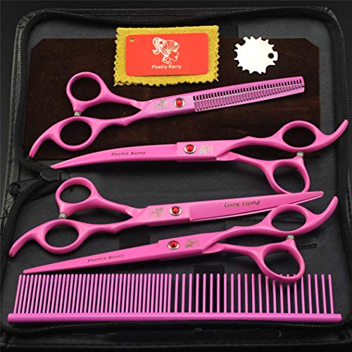  Pet Grooming Scissors Upscale Cat Dog 4 Pcs Set Pink Paint Professional Trimmer Kit Premium 7.0 Inch 6CR Steel Beauticians Straight Cutting & Thinning & Curved Shears Combs