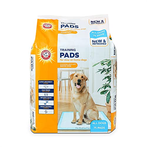  Arm & Hammer For Dogs Training Pads For Stay-at-Home Dogs | New & Improved Super Absorbent, Leak-Proof, Odor Control Quilted Dog Training Pads With Baking Soda | 75 Count Wee Wee Pads,White