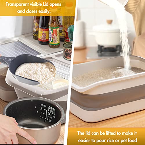  Collapsible 13LB Dog Food Storage Container With Transparent Sliding Lid,Pet Moisture-Proof Folding Rice Plastic Bin With Measuring Cup And Scoop Suitable For Storing Oat Millet Macaroni Corn（Khaki）