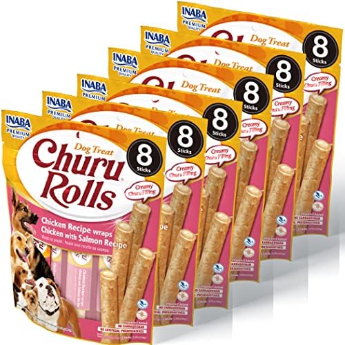  INABA Churu Rolls For Dogs, Grain-Free, Soft/Chewy Baked Chicken Wrapped Churu Filled Dog Treats, 0.42 Ounces Each Stick| 24 Stick Treats Total (8 Sticks Per Pack), 3 Flavor Variety Pack (24 Sticks)