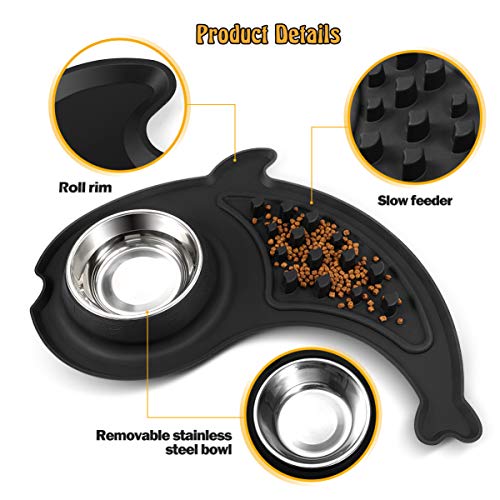  POPETPOP Slow Feeder Dog Bowl - Stainless Steel Pet Bowl With No-Slip Silicone Mat, Slow Feeding And Pet Water Bowl Set For Dogs Cats And Pets