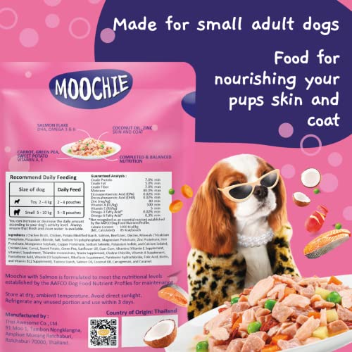  MOOCHIE Wet Salmon Dog Food - Skin And Coat - Grain Free Wet Dog Food - Made With Salmon, Vegetables, Coconut Oil - No Added Preservatives Or Artifical Flavoring - For Small Breeds - 12 X 85g Pouch
