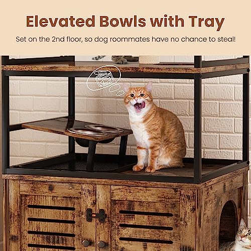  Lamerge Large Cat Litter Box Furniture, Cat Tree Tower With Scratching Post And Cat House Condo, Wooden Cat Cabinet With Doors And Cat Feeding Bowl, Rustic Brown