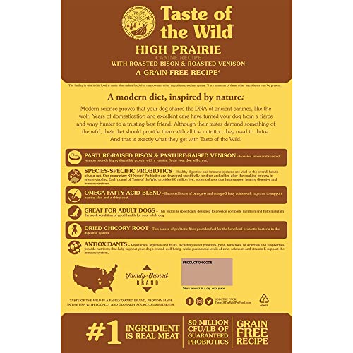  Taste Of The Wild High Prairie Canine Grain-Free Recipe With Roasted Bison And Venison Adult Dry Dog Food, Made With High Protein From Real Meat And Guaranteed Nutrients And Probiotics 28lb
