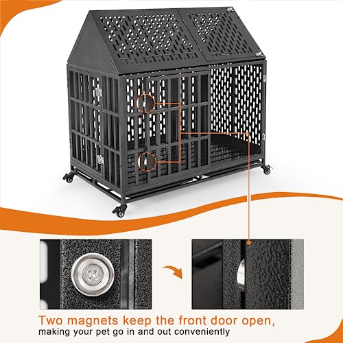  Huddycove Heavy Duty Dog Crate For High Anxiety Dogs, 46 Inch Indestructible Large Kennel Indoor, Removable Trays And Lockable Wheels, Chew Proof Cage With Pointed Roof