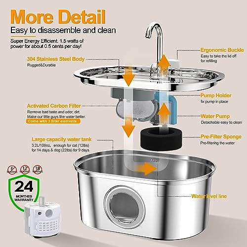  Subteenmate Cat Water Fountain With Water Levels Window, 3.2L/108oz, Pet Water Fountain Stainless Steel Dog Water Dispenser, Ultra-Quiet Pump, Water Fountain For Cats Inside 3 Replacement Filters