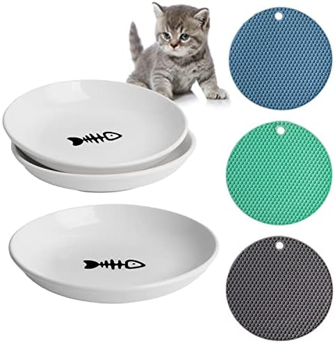  KITCHENLESTAR Ceramic Cat Food Plates,Cat Wet Food Bowls Cat Feeding Wide Bowls To Stress Relief Of Whisker Fatigue Cat Dishes, Shallow Bowls For Kittens And Small Animals With Non-Slip Mat (Cat Paw)