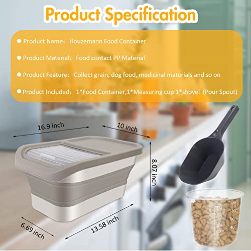  Collapsible 13LB Dog Food Storage Container With Transparent Sliding Lid,Pet Moisture-Proof Folding Rice Plastic Bin With Measuring Cup And Scoop Suitable For Storing Oat Millet Macaroni Corn（Khaki）